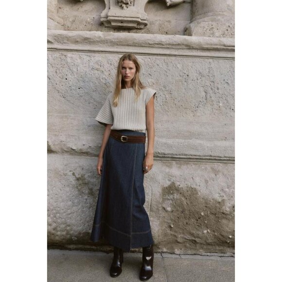 ZARA Z1975 BELTED DENIM WRAP MIDI SKIRT - Picture 1 of 9